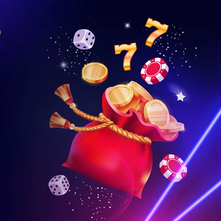 Kong Casino bonus rewards illustration with money bag, dice, chips, and casino coins